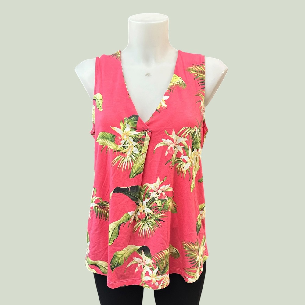 Tommy Bahama Pink Tropical Floral Chiffon Tank Top Pleated Front sz Small